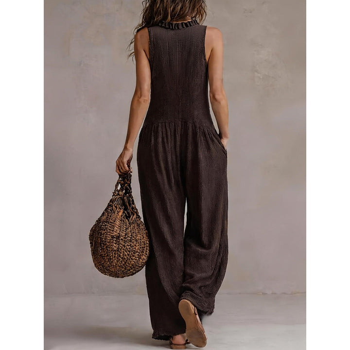 Ruffle V-Neck Smocked Wide-Leg Jumpsuit