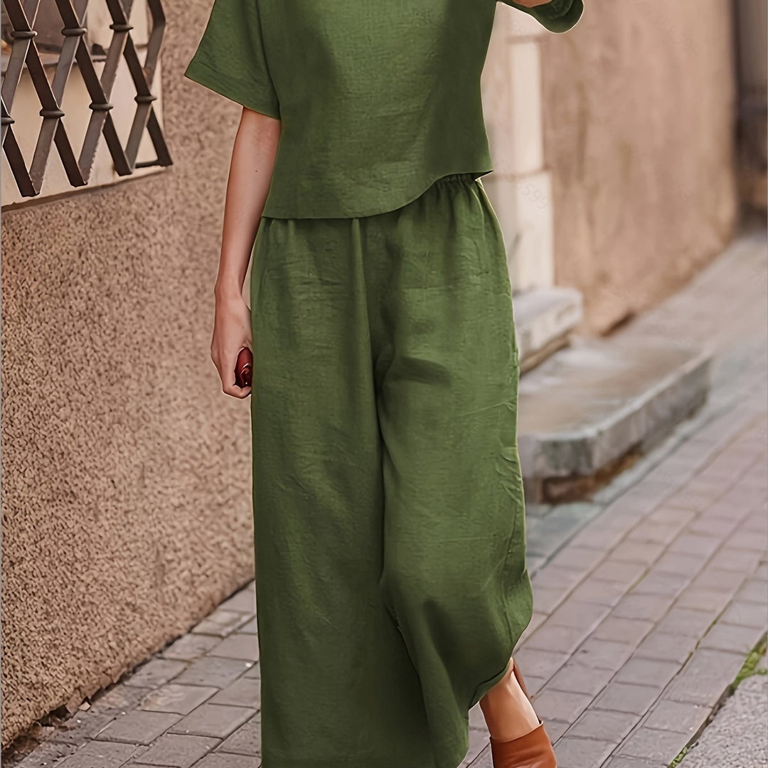 Crew Neck Short Sleeve Top And Wide-Leg Pants Set