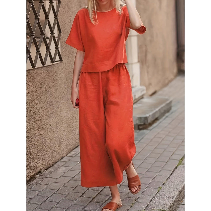 Crew Neck Short Sleeve Top And Wide-Leg Pants Set