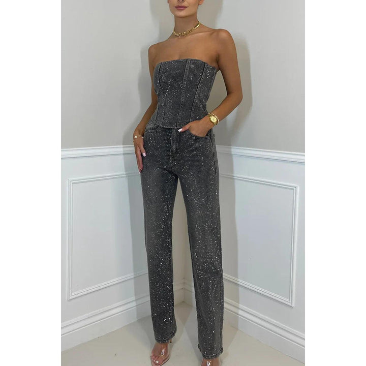 Sequin-Look Strapless Wide-Leg Jumpsuit