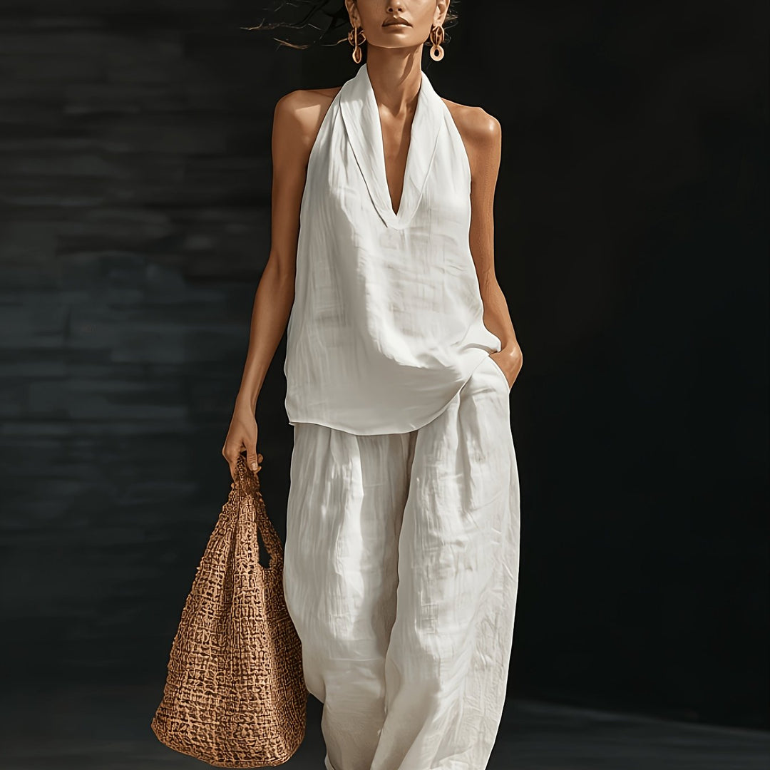 Halter V-Neck Backless Top And Wide-Leg Pants Set