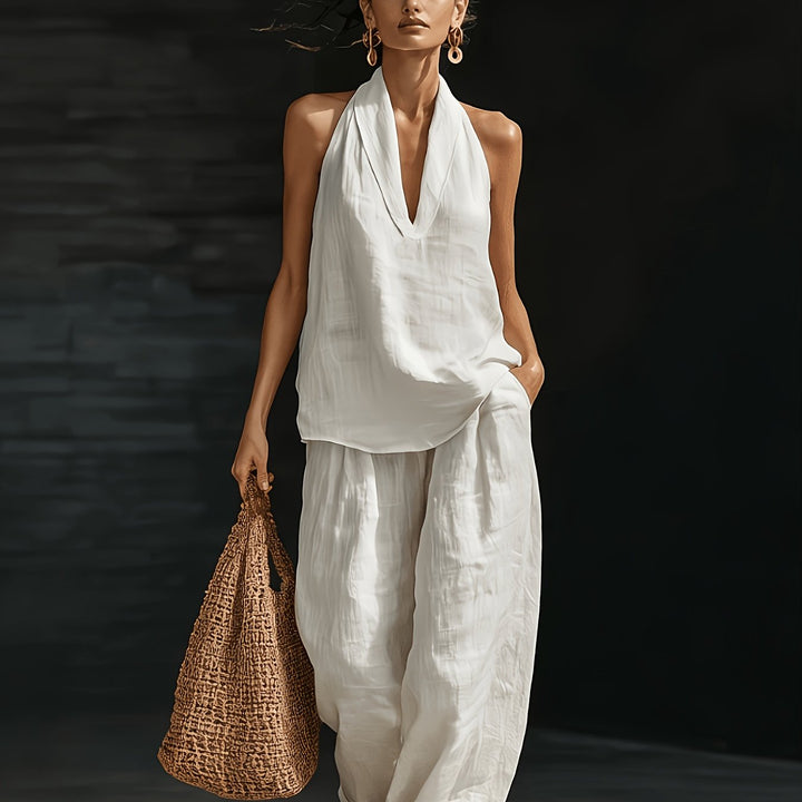 Halter V-Neck Backless Top And Wide-Leg Pants Set