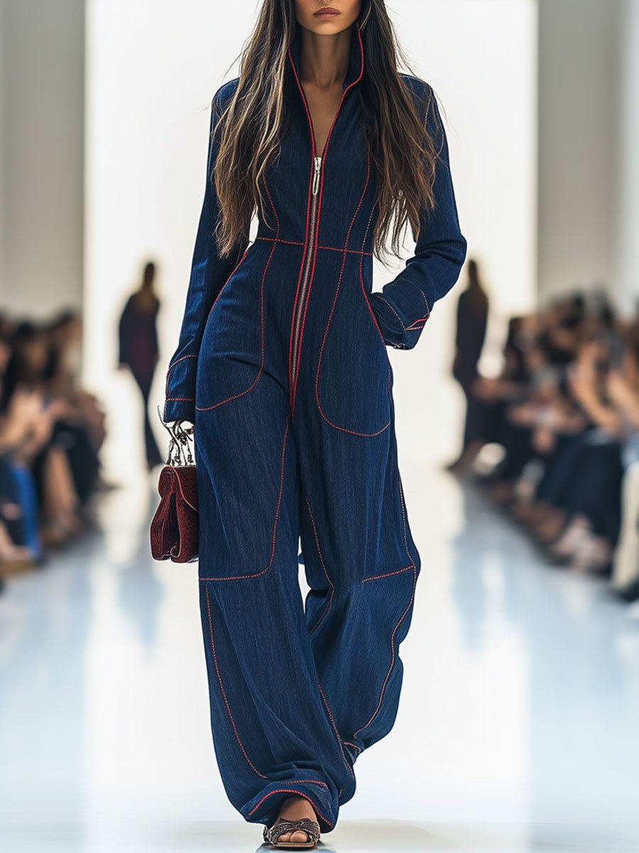 Contrast-Stitch Zip-Front Wide-Leg Denim-Look Jumpsuit
