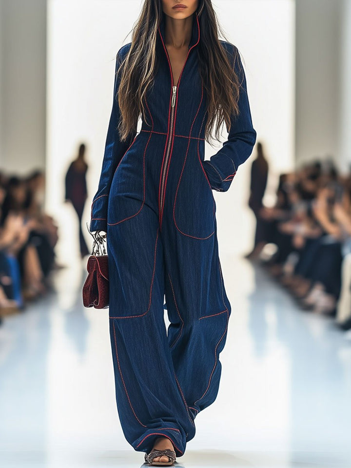 Contrast-Stitch Zip-Front Wide-Leg Denim-Look Jumpsuit