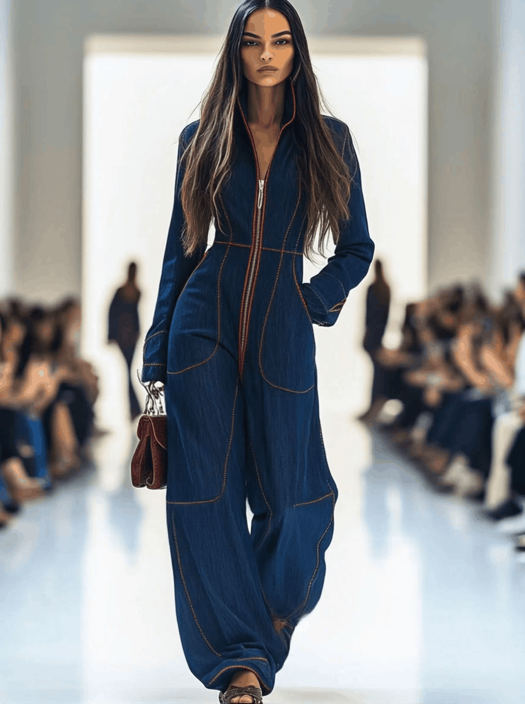 Contrast-Stitch Zip-Front Wide-Leg Denim-Look Jumpsuit