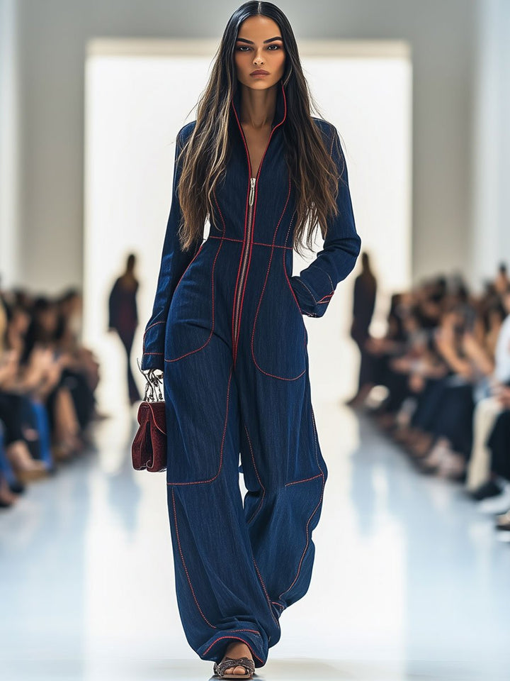 Contrast-Stitch Zip-Front Wide-Leg Denim-Look Jumpsuit