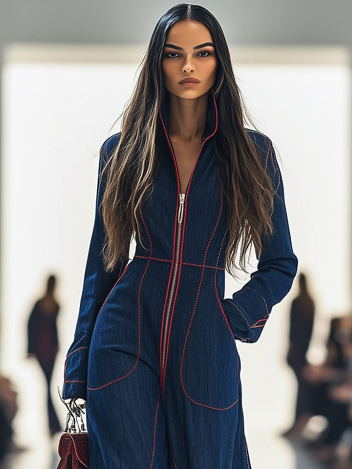 Contrast-Stitch Zip-Front Wide-Leg Denim-Look Jumpsuit