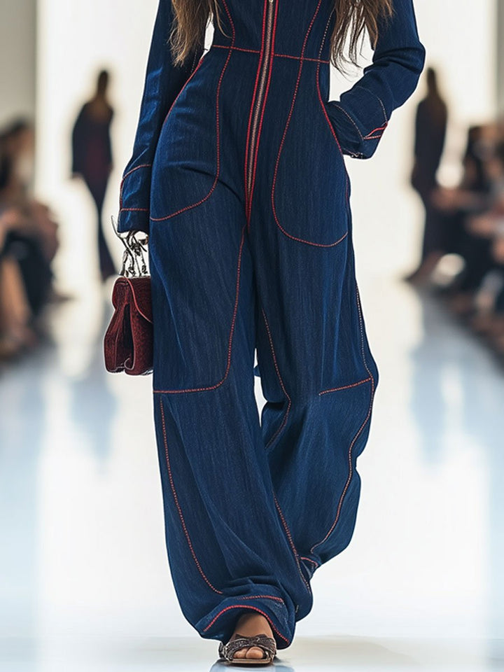 Contrast-Stitch Zip-Front Wide-Leg Denim-Look Jumpsuit