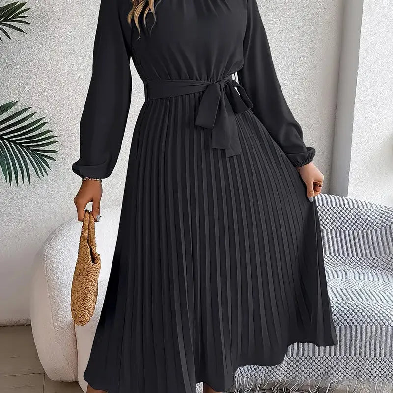 Pleated Long Sleeve Midi Dress