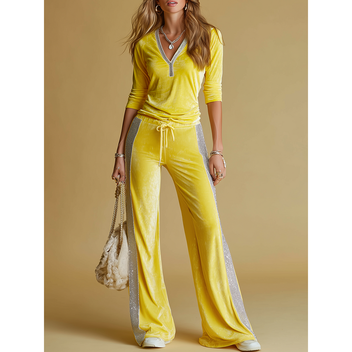 Sequin Panel Velvet-Look Wide-Leg Set