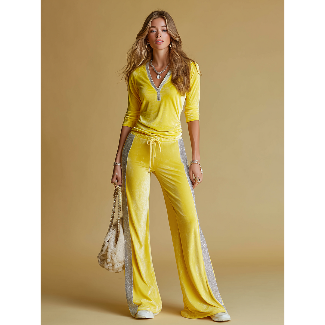 Sequin Panel Velvet-Look Wide-Leg Set