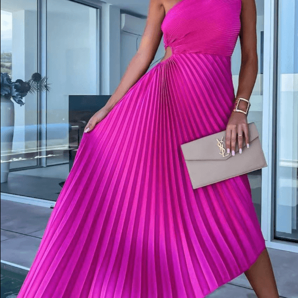 One-Shoulder Pleated Maxi Dress