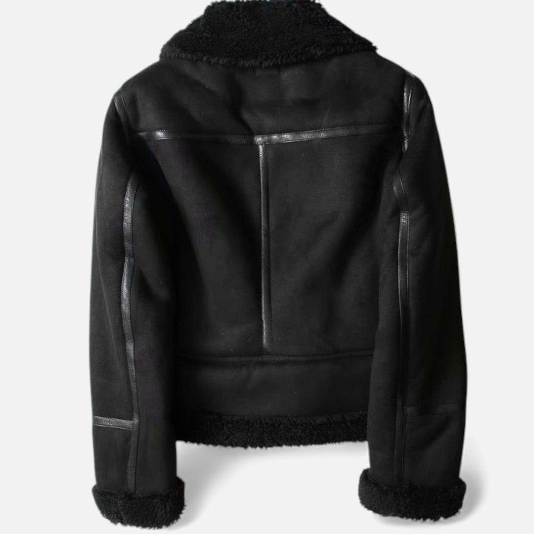 Valmonti | Women’s Suede Lambswool Lapel Jacket – Moto-Style Coat