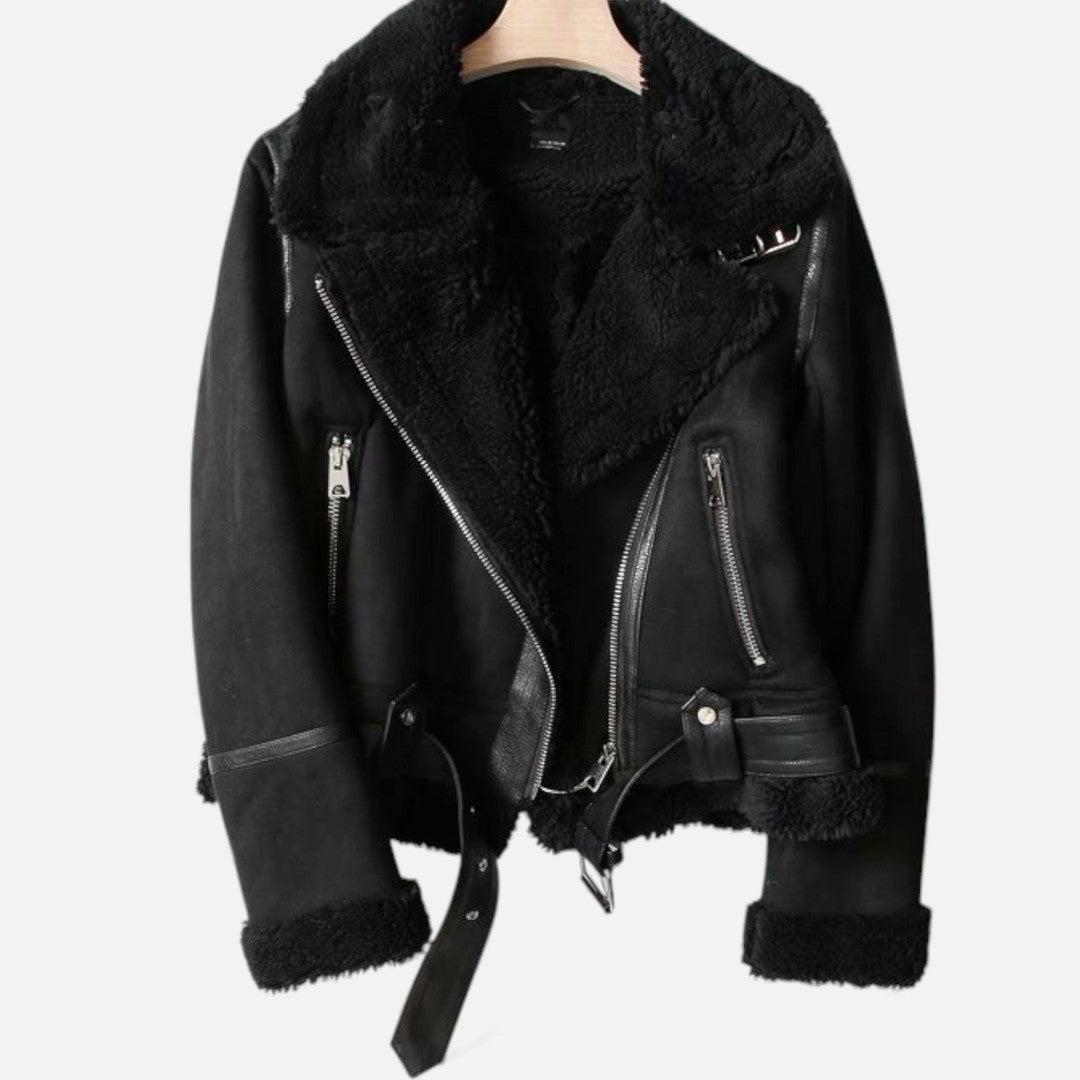 Valmonti | Women’s Suede Lambswool Lapel Jacket – Moto-Style Coat