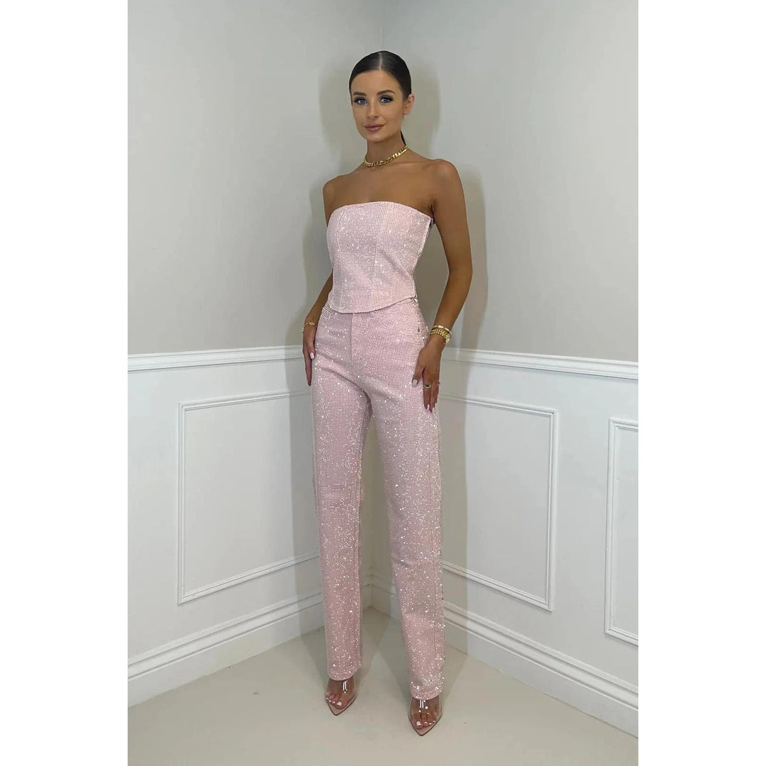 Sequin-Look Strapless Wide-Leg Jumpsuit