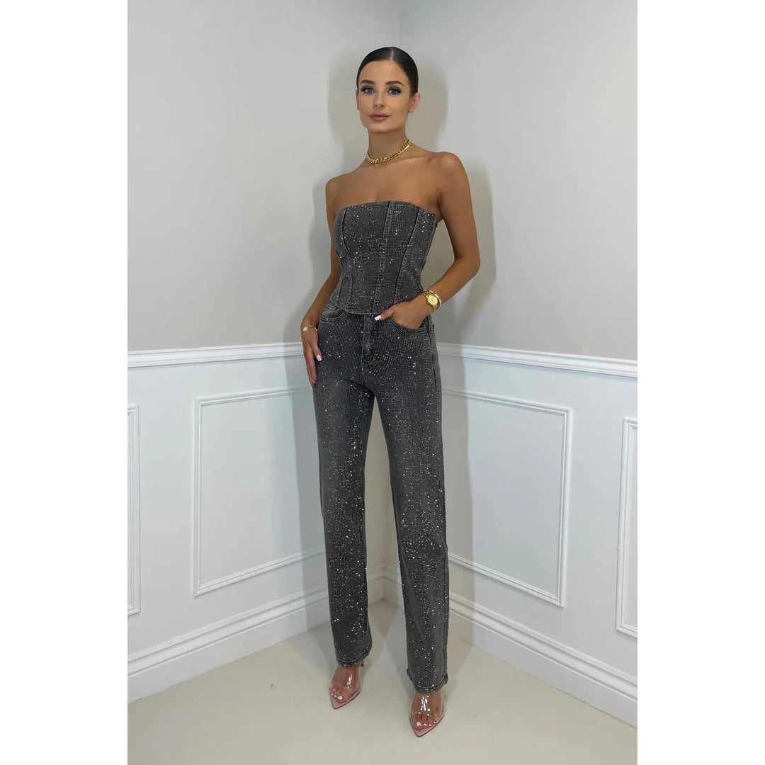Sequin-Look Strapless Wide-Leg Jumpsuit