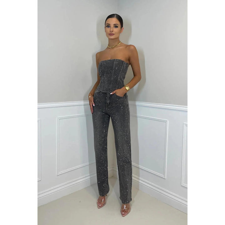 Sequin-Look Strapless Wide-Leg Jumpsuit