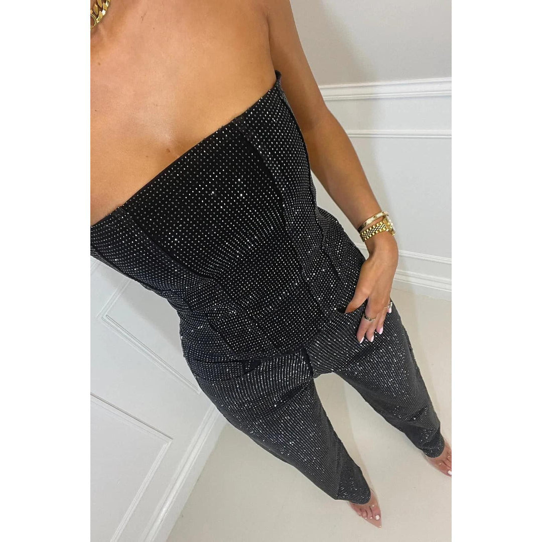 Sequin-Look Strapless Wide-Leg Jumpsuit