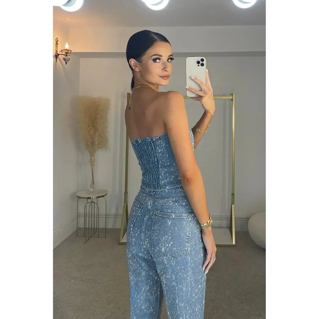 Sequin-Look Strapless Wide-Leg Jumpsuit