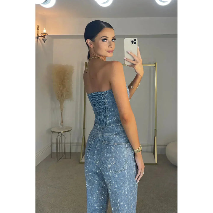 Sequin-Look Strapless Wide-Leg Jumpsuit