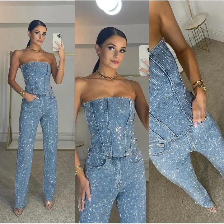 Sequin-Look Strapless Wide-Leg Jumpsuit