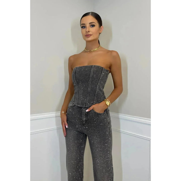 Sequin-Look Strapless Wide-Leg Jumpsuit