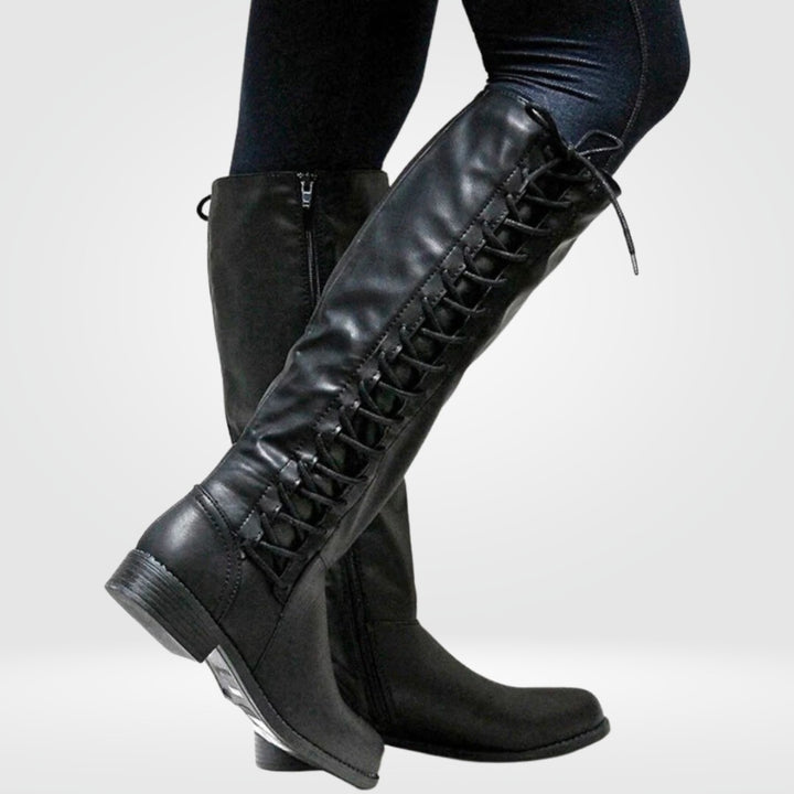 Lace-up knee-high boots in black, side view