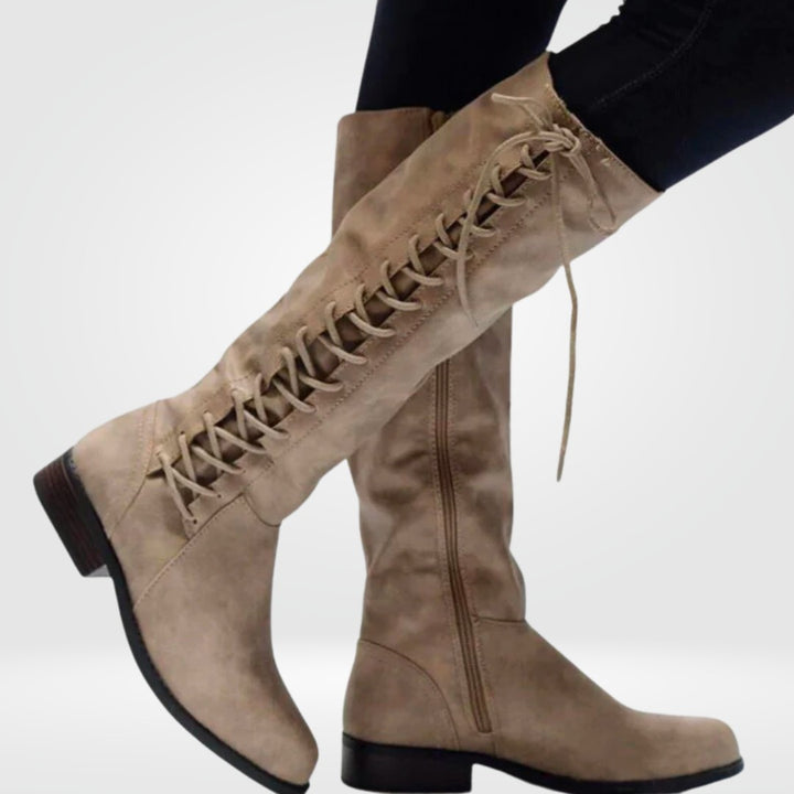 Lace-up knee-high boots in beige, side view