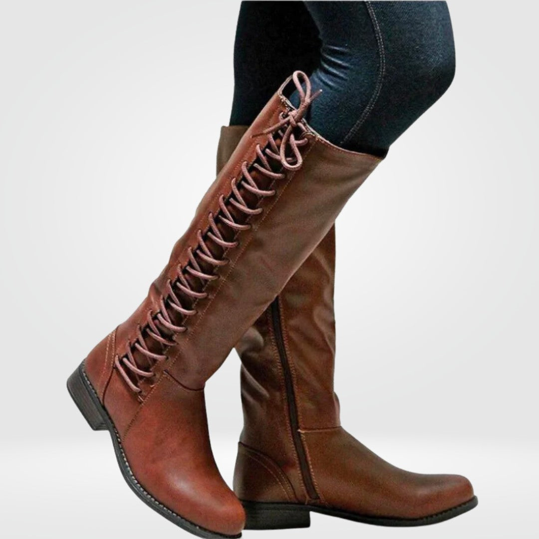 Lace-up knee-high boots in brown, side view