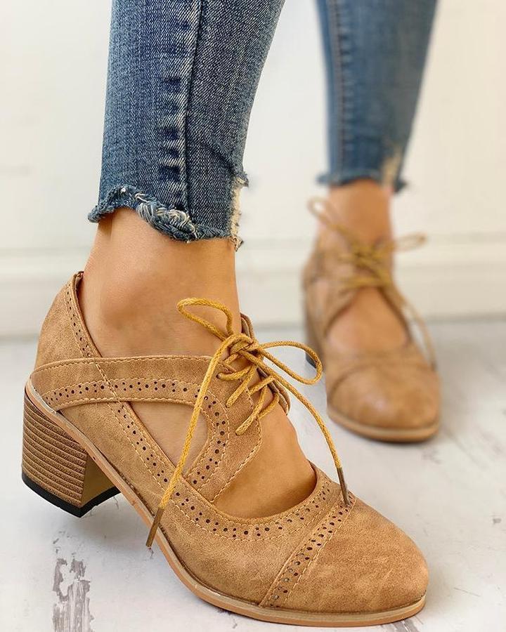 Heeled Lace-Up T-Strap Shoes