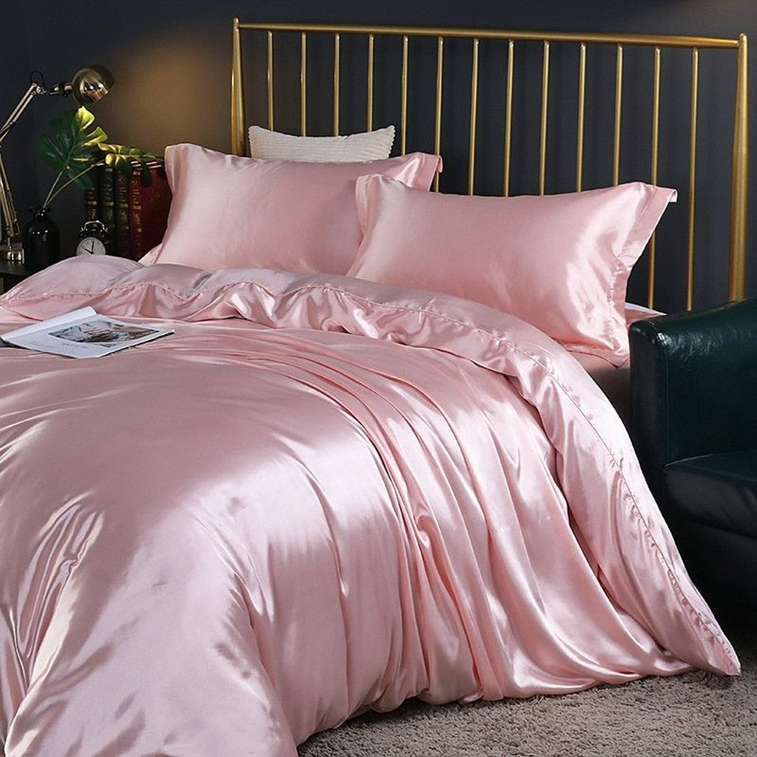 Luxury Silk/Satin Bedding Set (4-Piece) - SilkSleep-150cm Fitted Sheet + Duvet 200x230cm + 2 Pillowcases-Pink-State of Style