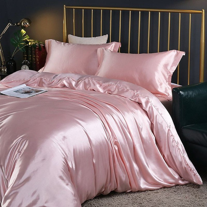 Luxury Silk/Satin Bedding Set (4-Piece) - SilkSleep-150cm Fitted Sheet + Duvet 200x230cm + 2 Pillowcases-Pink-State of Style