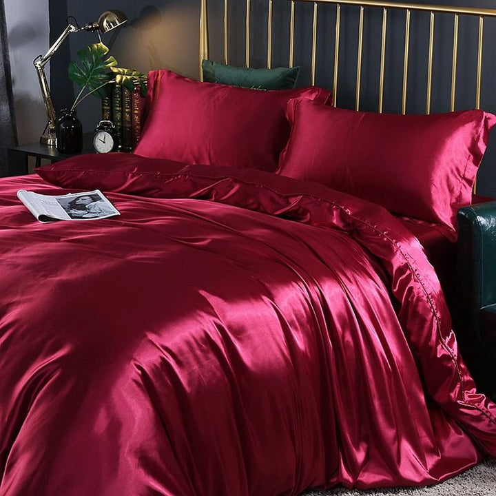 Luxury Silk/Satin Bedding Set (4-Piece) - SilkSleep-150cm Fitted Sheet + Duvet 200x230cm + 2 Pillowcases-Red-State of Style