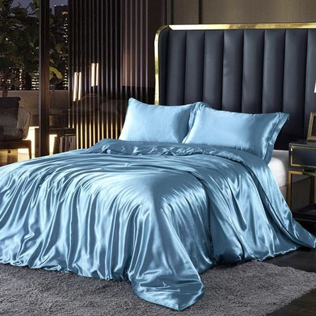 Luxury Silk/Satin Bedding Set (4-Piece) - SilkSleep-150cm Fitted Sheet + Duvet 200x230cm + 2 Pillowcases-Sky Blue-State of Style