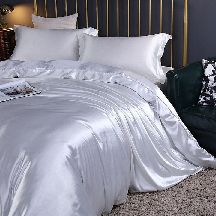 Luxury Silk/Satin Bedding Set (4-Piece) - SilkSleep-150cm Fitted Sheet + Duvet 200x230cm + 2 Pillowcases-White-State of Style