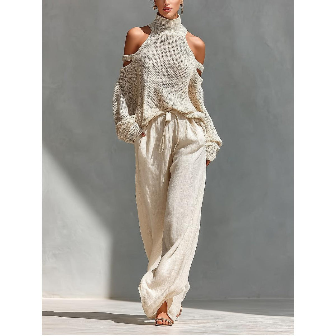 Cold-Shoulder Knit-Look Top And Wide-Leg Pant Set