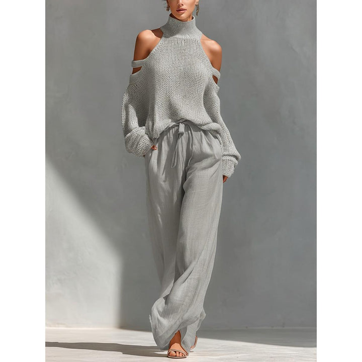 Cold-Shoulder Knit-Look Top And Wide-Leg Pant Set