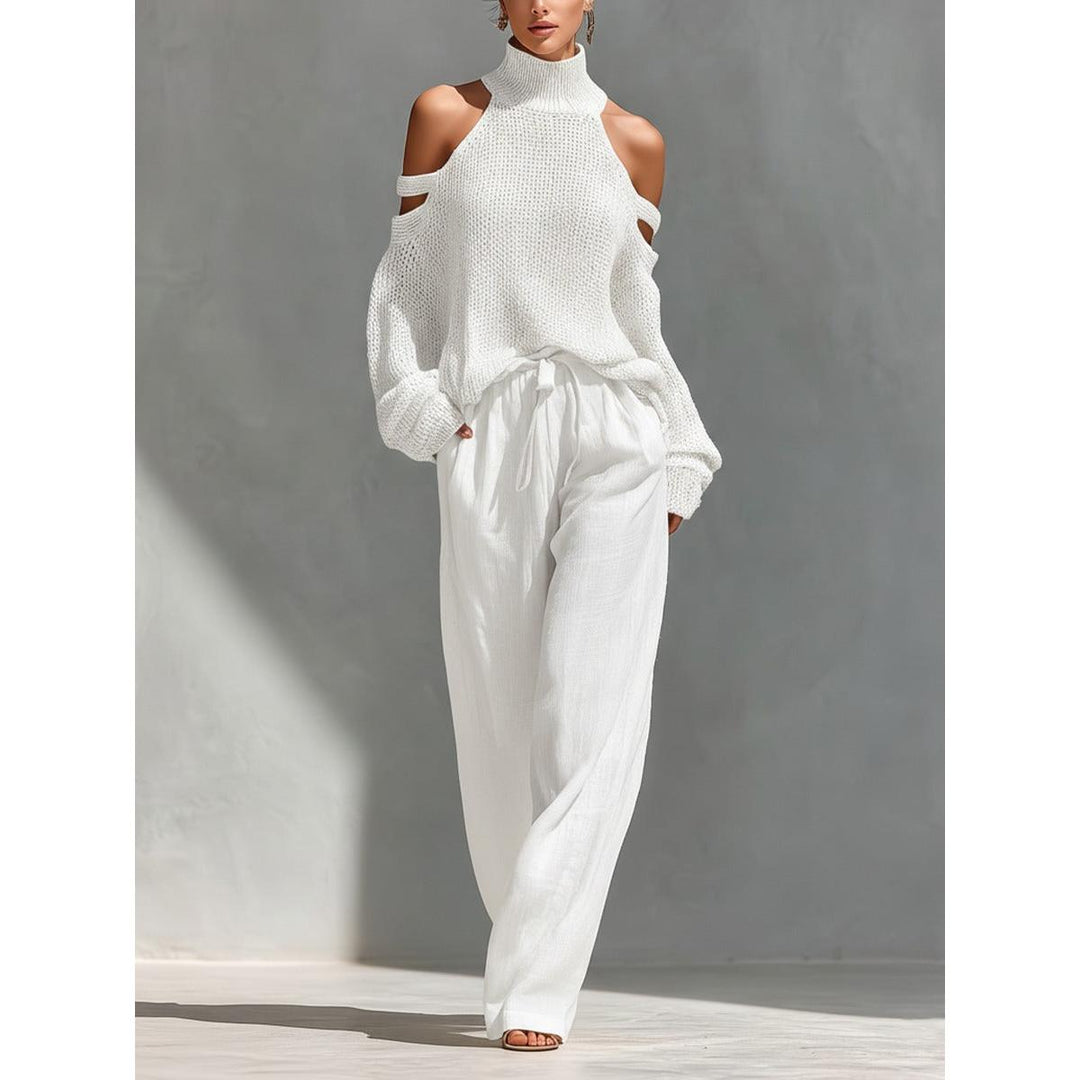 Cold-Shoulder Knit-Look Top And Wide-Leg Pant Set