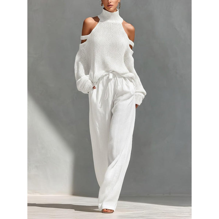 Cold-Shoulder Knit-Look Top And Wide-Leg Pant Set