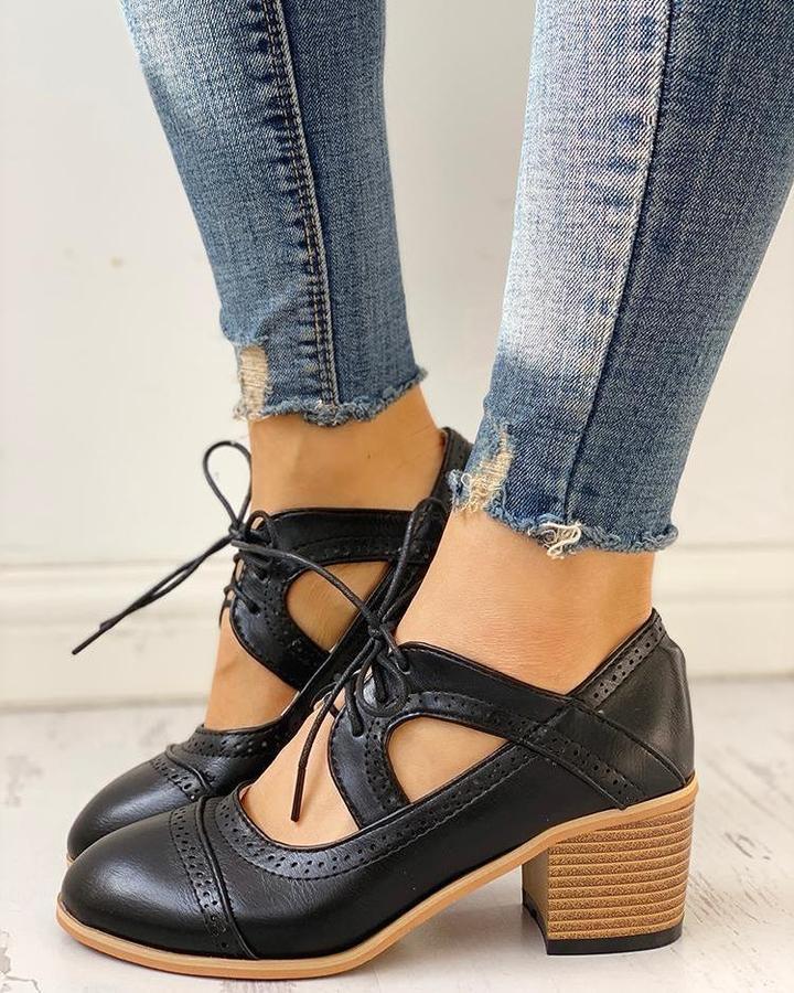 Heeled Lace-Up T-Strap Shoes