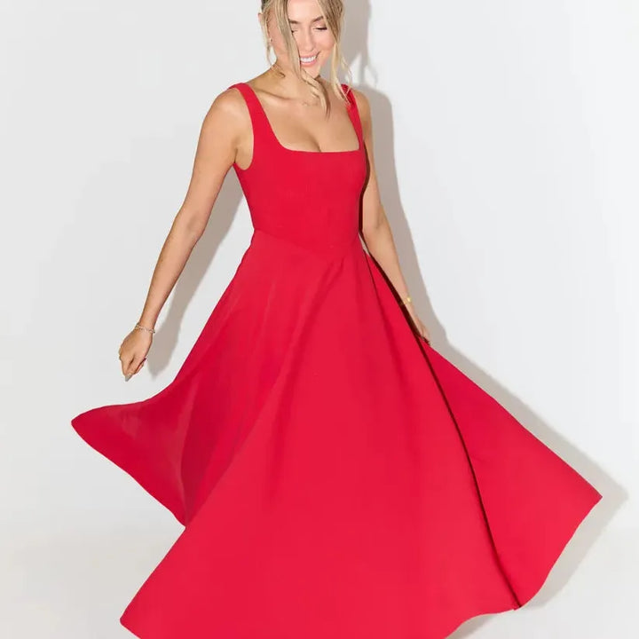 Square Neck High Waist Midi Dress