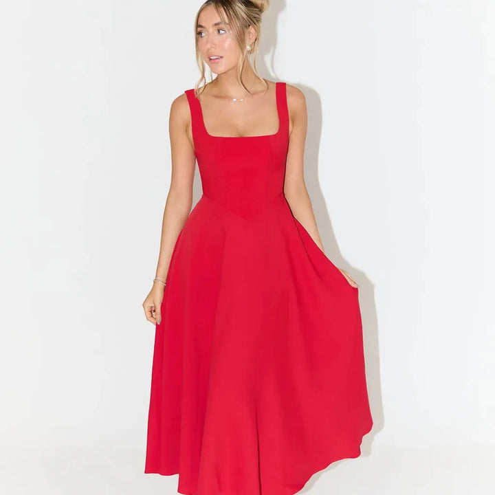 Square Neck High Waist Midi Dress