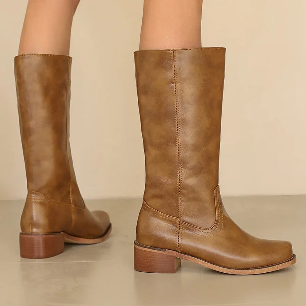 Leather-Look Block Heel Knee-High Boots