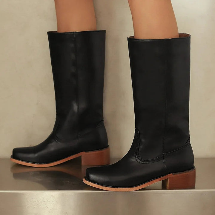 Leather-Look Block Heel Knee-High Boots