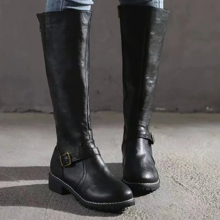 Buckle-Strap Leather-Look Knee-High Boots