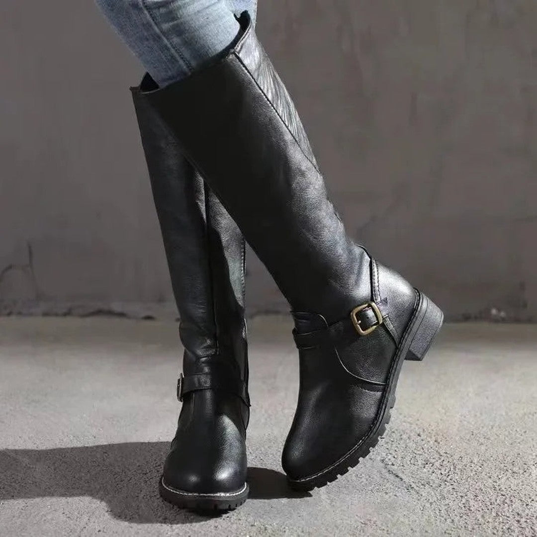 Buckle-Strap Leather-Look Knee-High Boots