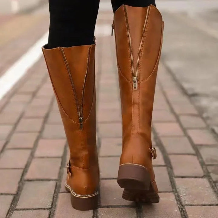Buckle-Strap Leather-Look Knee-High Boots