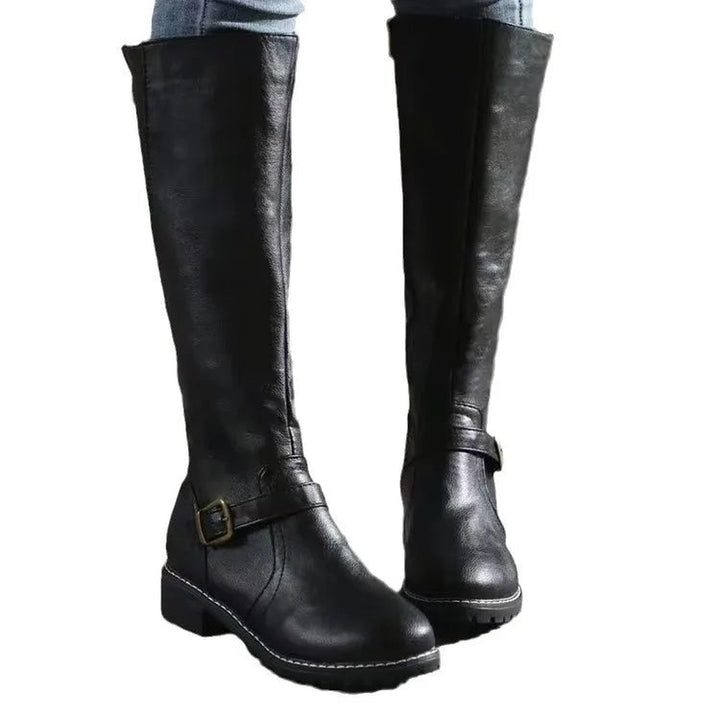 Buckle-Strap Leather-Look Knee-High Boots
