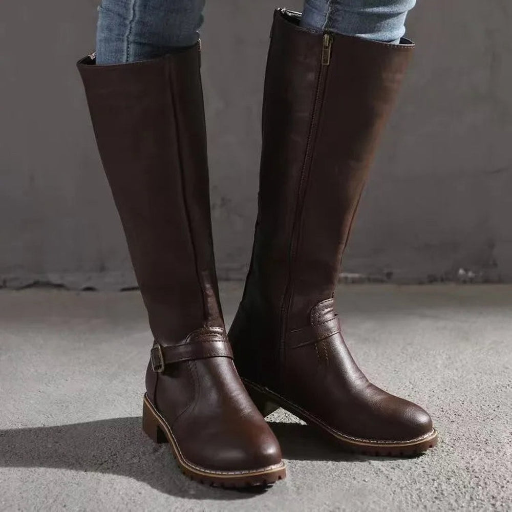 Buckle-Strap Leather-Look Knee-High Boots