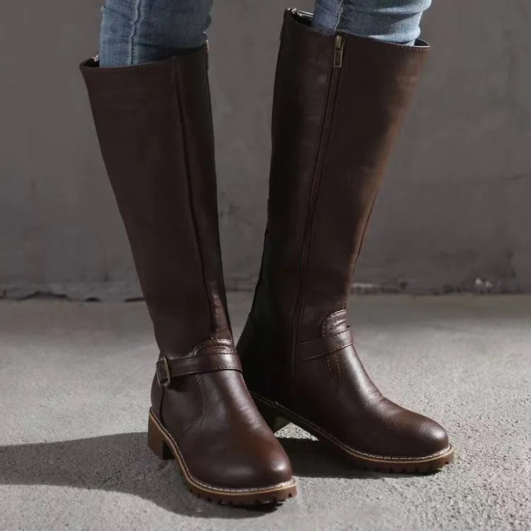 Buckle-Strap Leather-Look Knee-High Boots